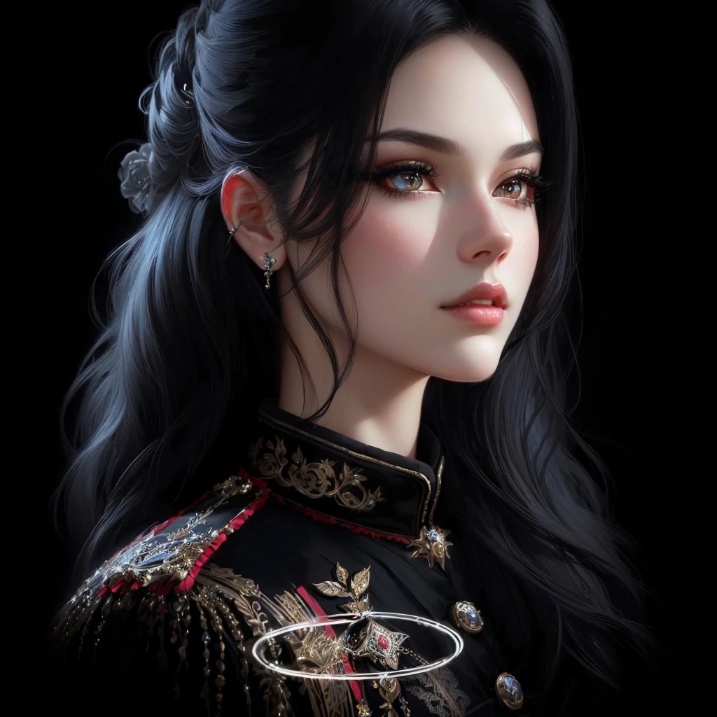 a close up of a woman with long black hair wearing a ball gown, Dark digital art, but detailed, beautiful digital art, cute face. black fantasy, stunning digital illustration, High quality 8k detailed artwork, Exquisite digital illustration, 🤤 portrait of , highly detailed digital art in 4k, beautiful digital illustration, beautiful character painting, portrait of alta qualidade, black fantasy mixed with realism