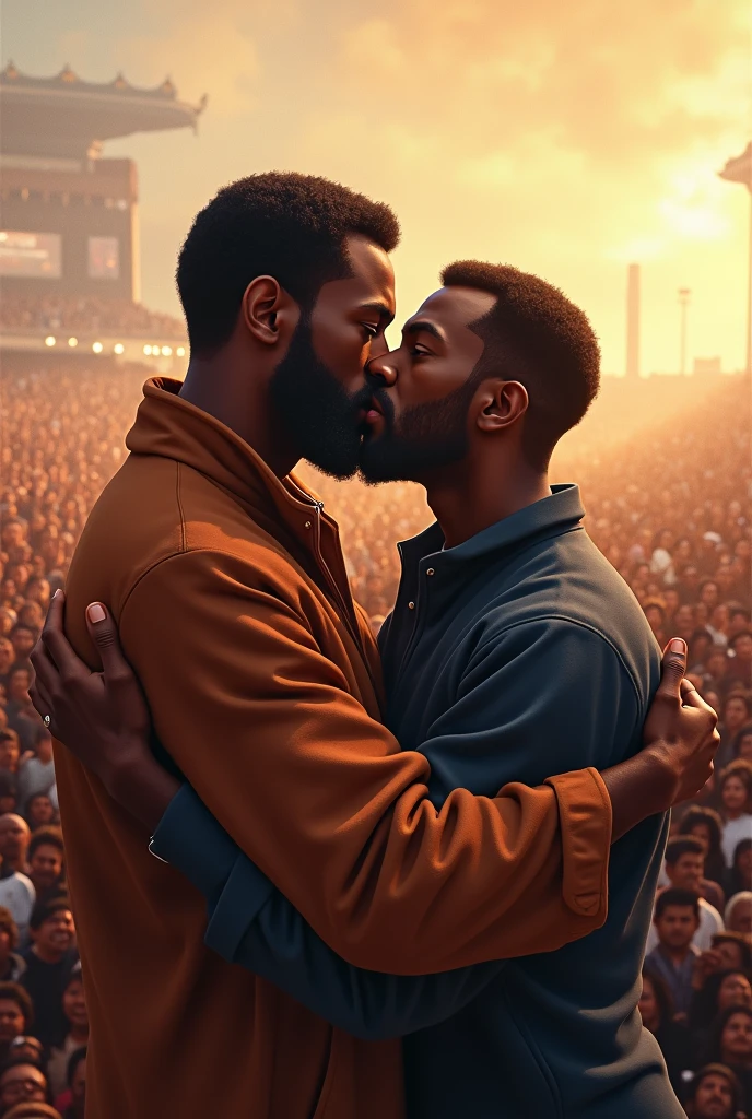 Dark skinned man with black hair hugging a slightly dark skinned man, almost like son and father, the background scenery and a huge audience, make expressive and beautiful art, a masterpiece