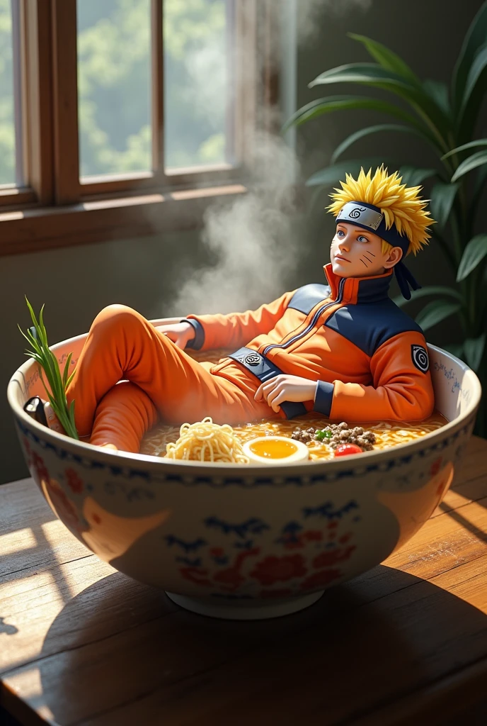 realistic Photo of (((Naruto))) wearing (((orange outfit))) chilling in ramen soup cup" [flux. 1 dev fp4] Steps:  25, Sampler: Euler, Schedule type: Simple, CFG scale: 1,  Distilled CFG  Scale: 3.5, Seed: 3807863196, Size: 1500x1500, Model:  flux1-dev-bnb-nf4-v2