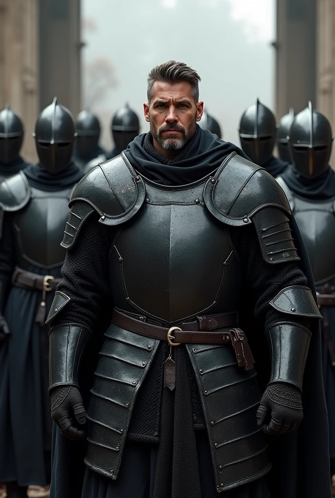 Very muscular medieval knight in black armor, black and square beard, about 50 years old, short hair, without sword, and with visible dark belt too ,with twelve more knights behind , without cape!!
