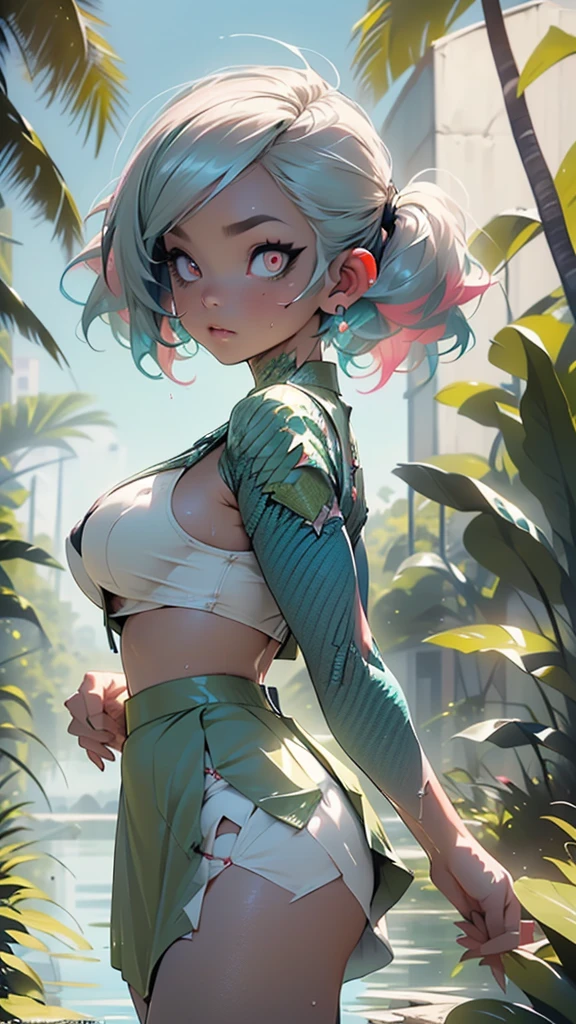 alien girl,(((1girl))),((beautiful alien girl)),
alien fish girl,(huge eyes:1.5),(((ear fins:1.5))),(((scaly skin:1.5))),((monster_girl)),
(turquoise hair:1.5), short hair, (((very short hair:1.5, twintails hairstyle))),
(glowing eyes, turquoise_eyes:1.0), (((black sclera:1.5))),symmetrical eyes,(large breasts:1.4),saggy breasts,((colored inner hair)),((fat)),(((lustrous skin:1.5,bright skin: 1.5,skin tanned,shiny skin,very shiny skin,shiny body,plastic glitter skin,exaggerated shiny skin,illuminated skin, wet legs))),(spider lower abdomen,narrow waist,wide hip,athletic body,inflated legs, thick thighs,detailed body,(detailed face)),
cute,slutty,seductive,erotic,((nsfw)),
zettai ryouiki,revealing clothing,show skin,((scale bikini,((neon pink color scale mini-skirt)),visible thong straps)),((underpants strap)),(wearing a scale dancing outfit:1.3,scale dancing clothes,semi-naked,with little clothing),(((pink scale clothes))),((wet clothes,intricate outfit,intricate clothes)),
(dynamic pose:1.0),solo focus,embarrassed,(centered,scale to fit dimensions,Rule of thirds),
outdoors, ocean, (ocean in the background), scenery, extremely scenery, (puddles everywhere, moss, moss on the bottom), clouds, water lilies, palm trees, reeds, (sunset, golden hour),(egyptian palace background,pyramids in the background),
(Glossy atlantis ornaments),highres,sharp focus,(ultra detailed,extremely detailed),(photorealistic artwork:1.37),(extremely detailed CG unity 8k wallpaper),(((vibrant colors,vibrant theme))),(intricate),(masterpiece),(best quality),artistic photography,(photography taken by sldr),(intricate background),perfect rendered face,perfect face details,realistic face,photo realistic,((intricate detail)),(((realism))),