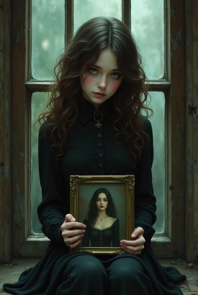 girl with curly brown hair, pale skin, green eyes with dark circles, dressed in black and sitting in a Victorian style window, holding a portrait of a woman