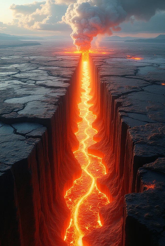 The drawing should show the crack widening, with new oceanic crust being formed in the gap between the plates. The continents on either side of the divergent boundary should be further apart.