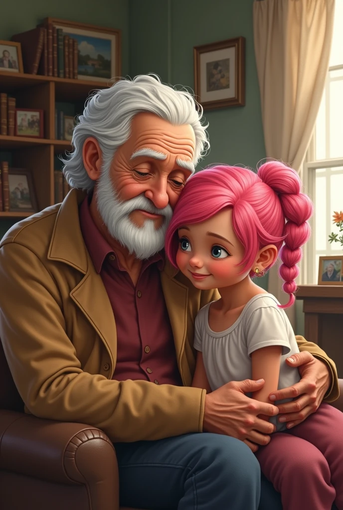 Pink-haired girl with brown skin with her dad who has white hair and is old