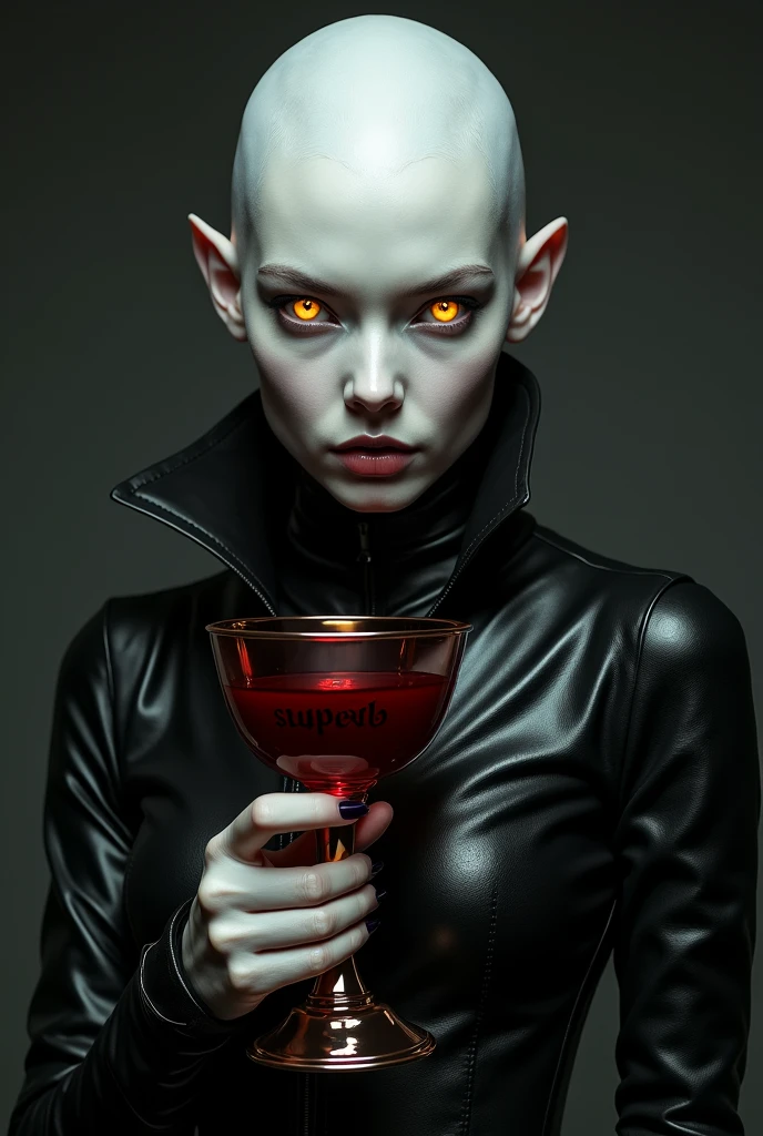 create an eyebrowless albino woman with scary yellow devilish eyes in a black leather outfit holding a chalice of blood with the words: superb