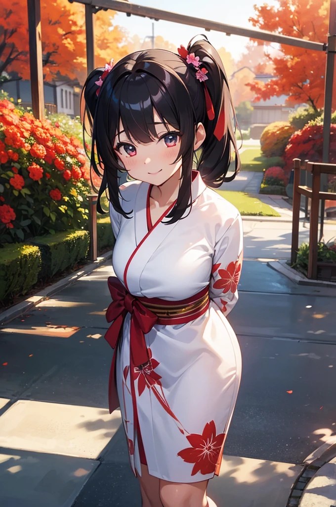 masterpiece,Highest quality,high definition,High resolution,4K,8k,Ultra-high-definition CG,masterpiece,Highest quality,high definition,High resolution,4K,8k,Ultra-high-definition CG,Anime illustration style,1girl, anime painted, front angle, pose standing, shiny black twin tail hair,black, accessories ribbon, expression smiling,arms behind back,Scene of a garden full of flowers、Red yukata,shiny skin,Low angle, ;),