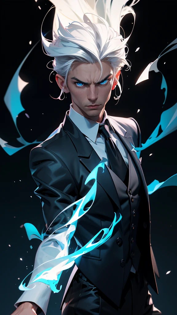 envision a 8k, highres, cinematic full body design sheet of a strong faced man with a slender body, no facial hair with short sleek white hair, and blue eyes wearing black vest and collard shirt, blazer, magic effects against a dark gray background