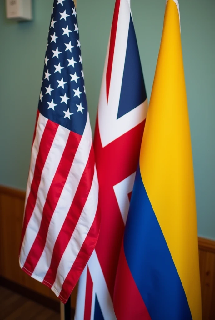 Can you create me an image that has the title ENGLISH MONTH 2024 THAT HAS THE UNITED STATES FLAG?, la bandera británica and de Colombia distribuida por el marco and que diga en español INSTITUCIÓN EDUCATIVA SANTA ROSA DE LIMA , and