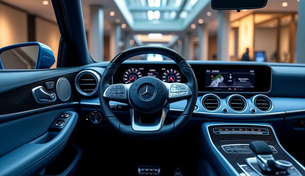 A detailed view of the luxurious interior steering wheel of the New 2025 Mercedes-Benz Baby G-class, parked in an upscale showroom. The steering wheel is wrapped in premium leather, featuring a sleek design with chrome accents and advanced controls integrated seamlessly into the design. The deep blue exterior of the vehicle is subtly visible through the windshield, complementing the refined interior. The dashboard is modern and sophisticated, with high-tech displays and elegant finishes. The showroom is adorned with polished marble floors, expansive glass walls, and stylish decor, all illuminated by refined lighting that enhances the luxury and precision of the Baby G-class’s interior.