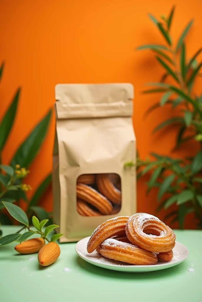 a small bag-type packaging for food with nothing inside made of biodegradable and environmentally friendly kraft paper with a small transparent plastic sheet that allows you to see what is inside, with an orange background and a gradient in shades of green and light green and a small plant, and a plate with some Spanish style churros with sugar on top near the bag