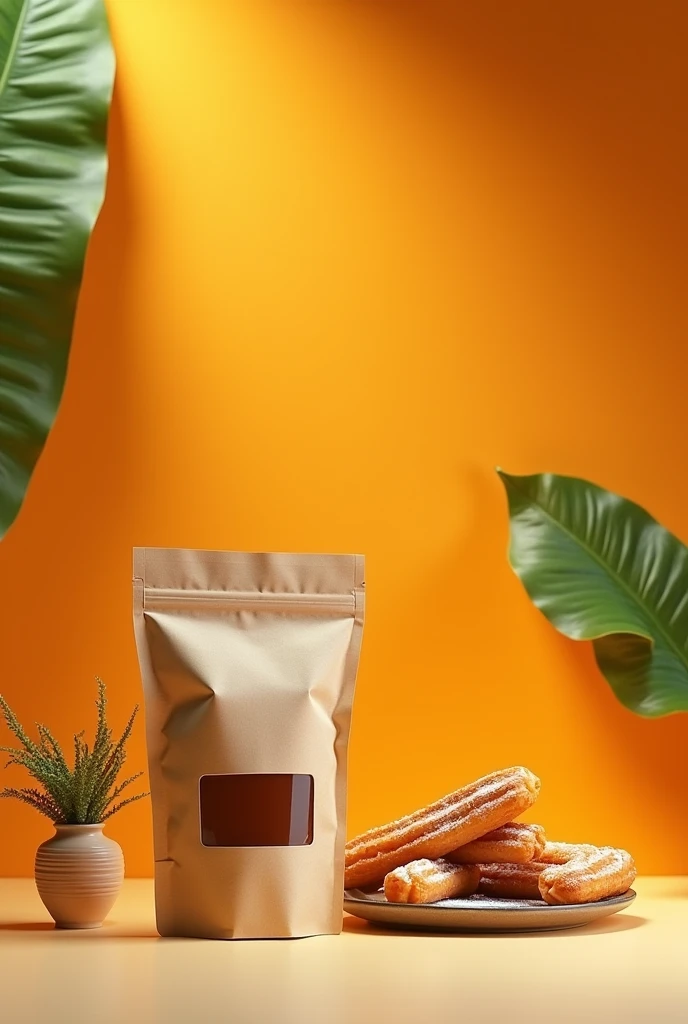 a small bag-type packaging for food with nothing inside made of biodegradable and environmentally friendly kraft paper with a small transparent plastic sheet that allows you to see what is inside, with an orange background and a gradient in shades of green and light green and a small plant, and a plate with some Spanish style churros with sugar on top near the bag