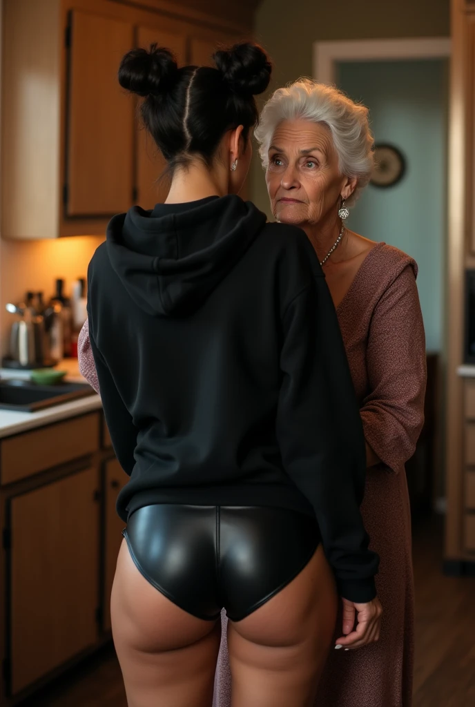 black woman hair in a bun black hoodie black leather short shorts being fucked in the ass by a old grandma in a dress