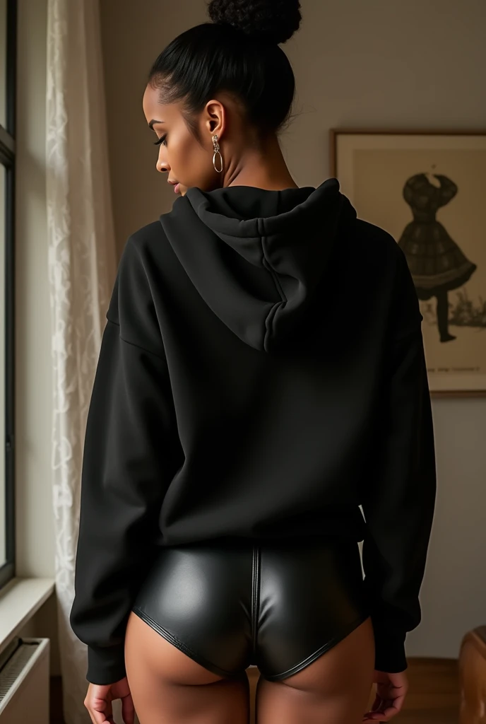 black woman hair in a bun black hoodie   black leather short shorts  being fucked in the ass by a old grandma in a dress
       
