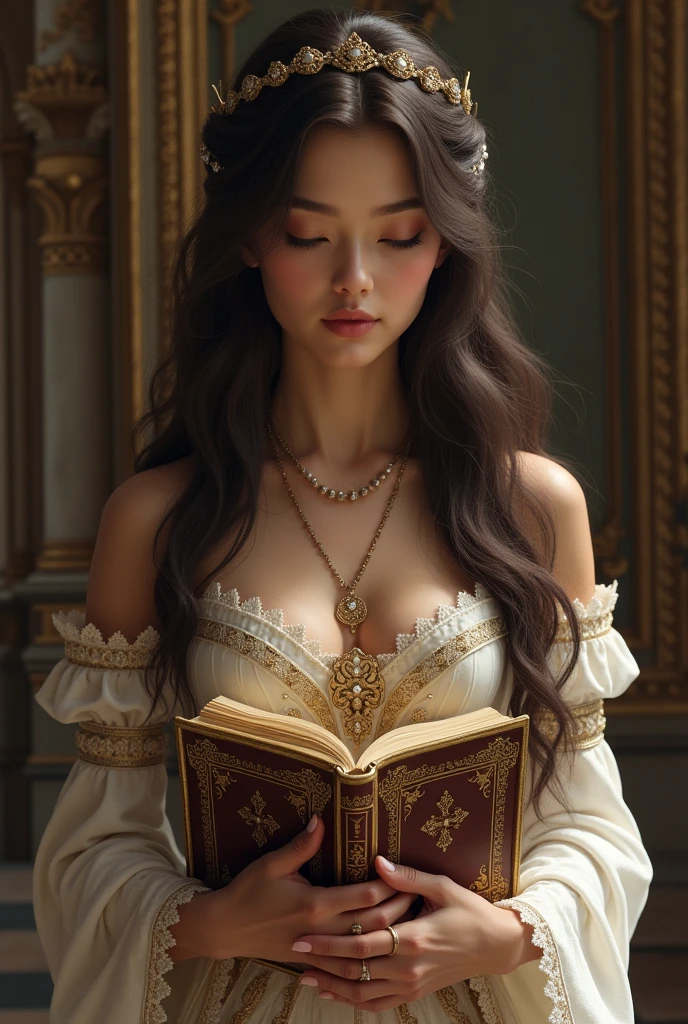 long hair brunette princess with bible