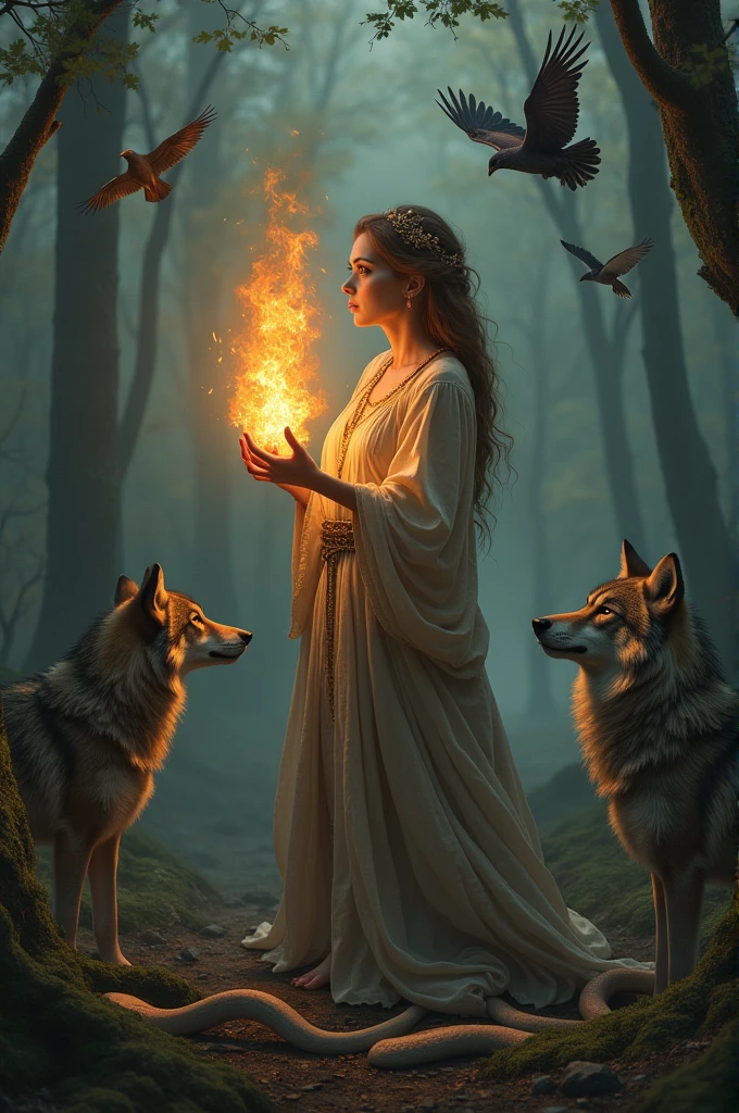 Generate a woman that has mytical flame coming out of her hand and is surrounded by snakes a birds and wolfs talking to them in the forest