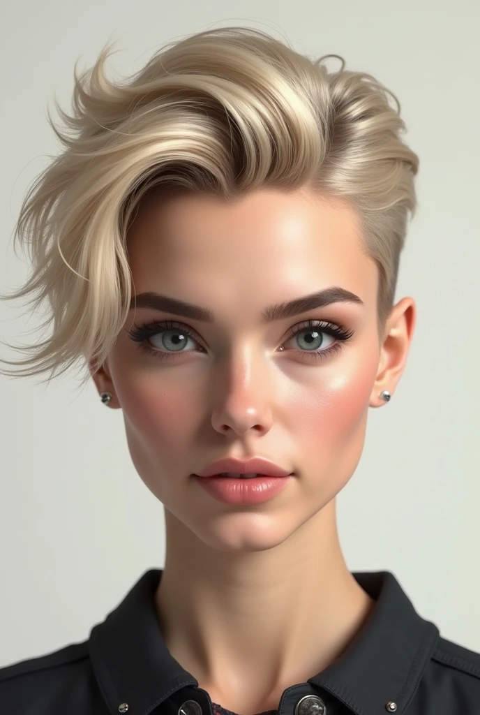 with blonde hair is styled in a modern and trendy manner, with a voluminous top that is swept to one side and slightly textured. The sides are closely trimmed, creating a contrast with the longer hair on top
who looks realistic as possible and human