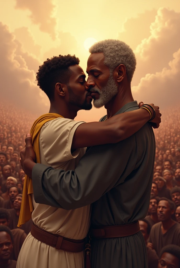 Dark skinned man with black hair hugging a slightly dark skinned man, almost like son and father, the background scenery and a huge audience, make expressive and beautiful art, a masterpiece