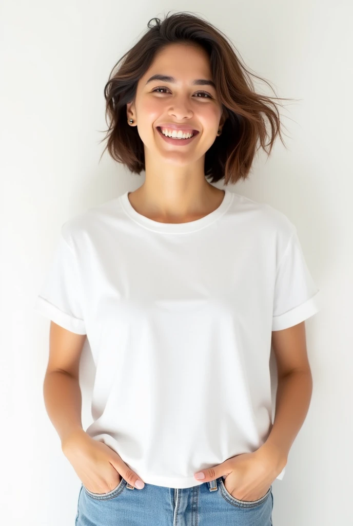 latin woman fair skin short brown hair wearing a stylish white cotton crew neck t-shirt with hands in pockets smiling happily white background good quality