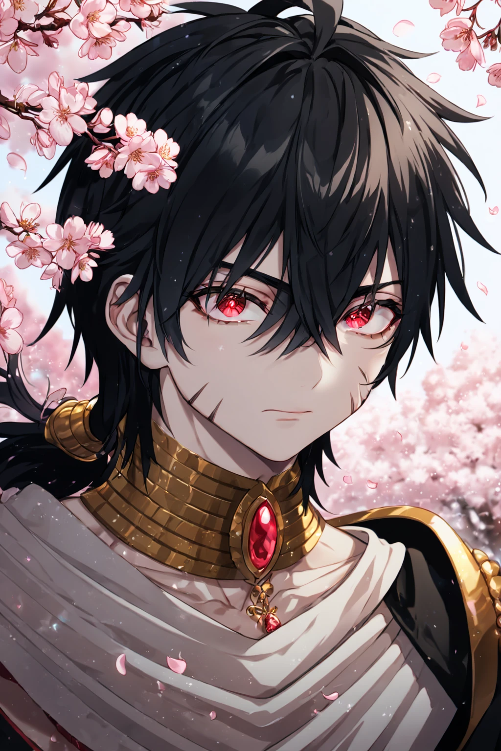 absurdres, highres, ultra detailed, HDR, master piece, best quality, extremely detailed, detailed face, detailed eyes, Judar, black hair, segmented long low ponytail, expressive red eyes, Magi: The Labyrinth Of Magic, solo, sexy man, handsome, manly man, sensual, Indian white chunnari around his shoulders, small short-sleeved black midriff-baring choli, black Indian pants, golden necklace with a ruby, golden bracelets, garden, cherry blossoms, pink petals, pink flowers, pink butterflies, blue sky, fantasy, magical