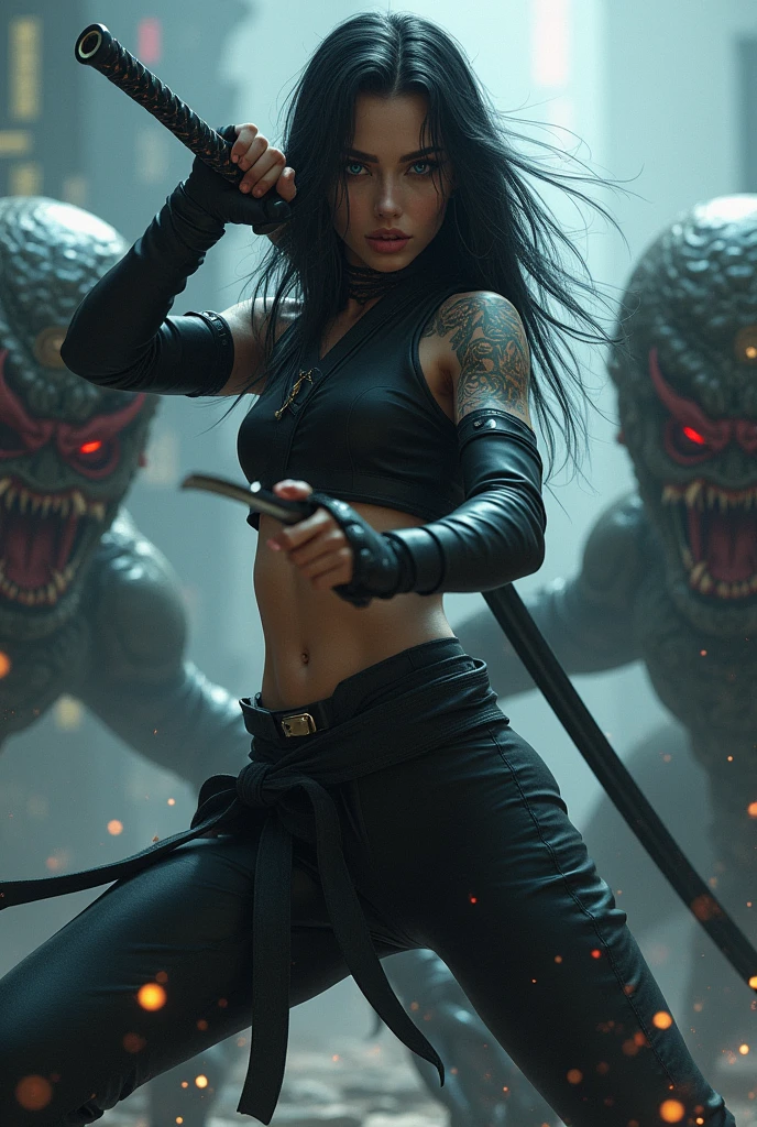 Woman with long black hair, Caucasian skin, blue colored eyes, tattooed, powerful woman, with a black, well-behaved men's outfit. She is fighting monsters with a katana.
