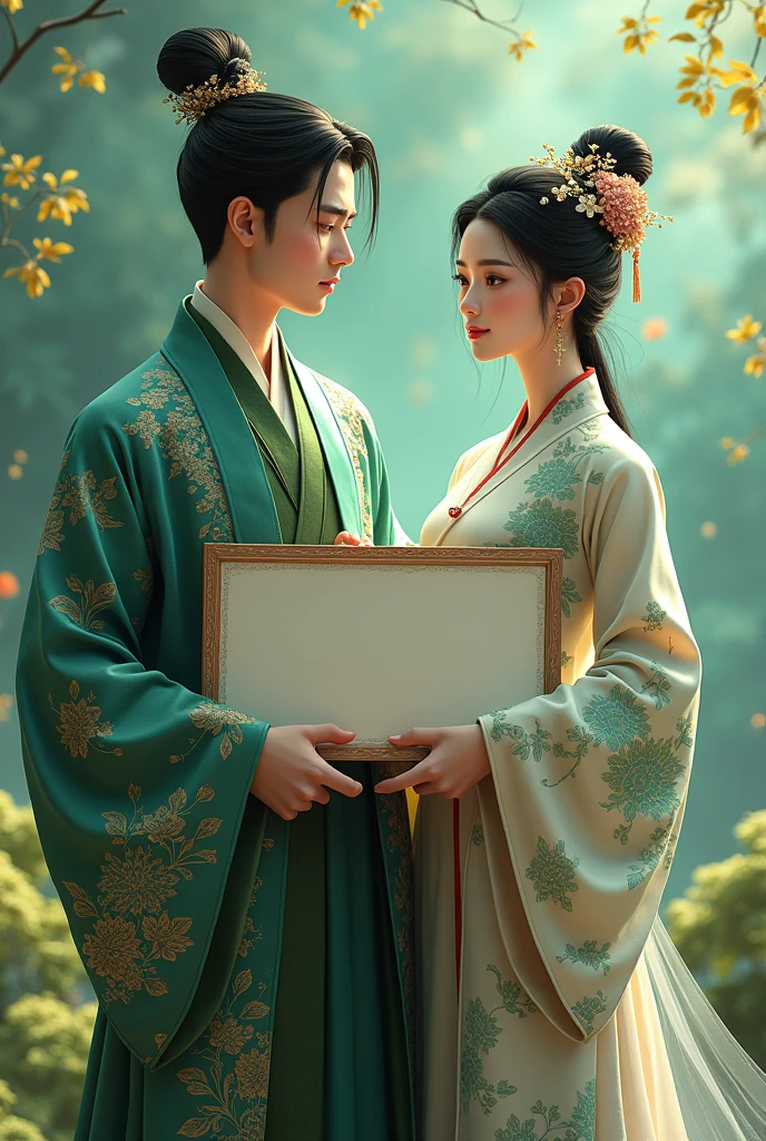 Realistic animated images Display Beautiful and Realistic, Images must wear Hanfu or Cheongsam or Tang or Zhongshan clothing, Use Green & White,Batik background, Holding a https://twitter.com/AprilB58692 signboard 3D Render, Photo, Realistic, Illustration, Painting, Dark fantasy.