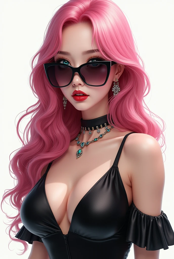 1girl, sunglasses, solo, hat, lipstick, red lips, long pink hair, aqua eyes, dress, plunging neckline, makeup, monochrome, white background, earrings, cleavage, jewelry, upper body, spot color, hair over shoulder,dark theme,shiny,shiny skin,milf,(mature japanese female:1.2),