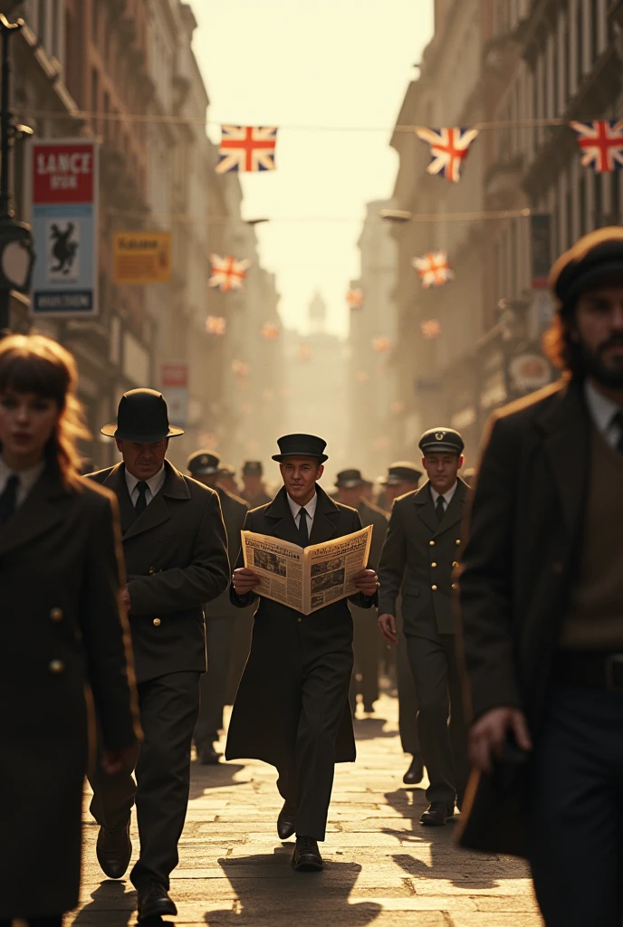 1942 London, city street scene, people walking, newspapers with war news, high-quality, detailed, realistic, warm tones, dramatic lighting, film grain, photorealistic, masterpiece, 4k, ultra-detailed, hyper-realistic, hyperrealistic, cinematic, dramatic, emotional, impactful, photographic, sharp focus, physically-based rendering, vivid colors, natural lighting