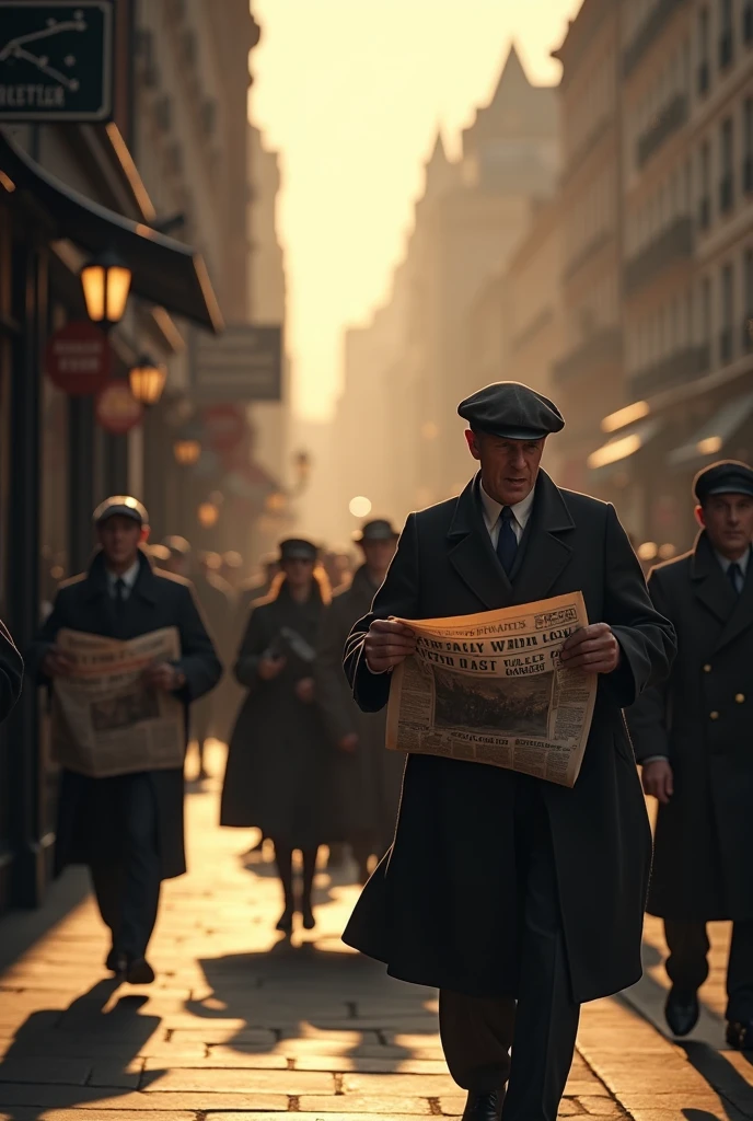 1942 London, city street scene, people walking, newspapers with war news, high-quality, detailed, realistic, warm tones, dramatic lighting, film grain, photorealistic, masterpiece, 4k, ultra-detailed, hyper-realistic, hyperrealistic, cinematic, dramatic, emotional, impactful, photographic, sharp focus, physically-based rendering, vivid colors, natural lighting