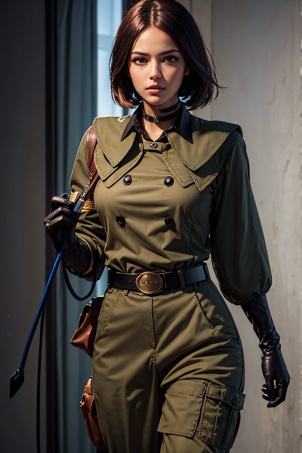 whipms, gloves, uniform, military, military uniform,belt, choker, pants, whip, masterpiece, detailed face, highres, solo,looking at viewer, semi-realistic, half body