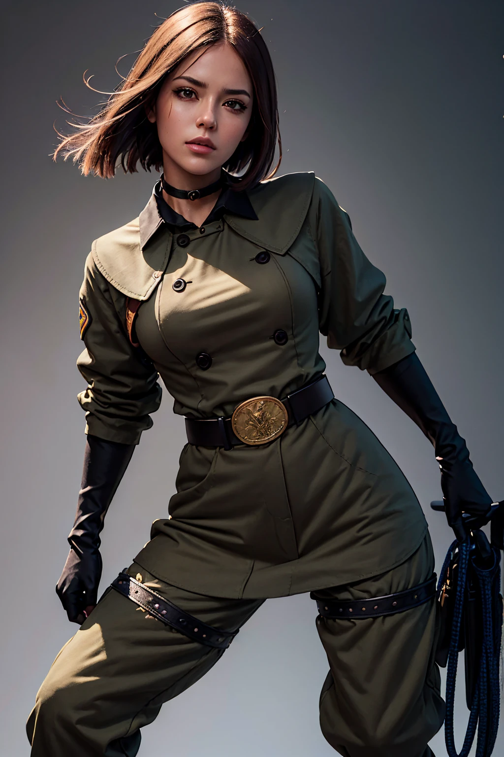 whipms, gloves, uniform, military, military uniform,belt, choker, pants, whip, masterpiece, detailed face, highres, solo,looking at viewer, semi-realistic, half body