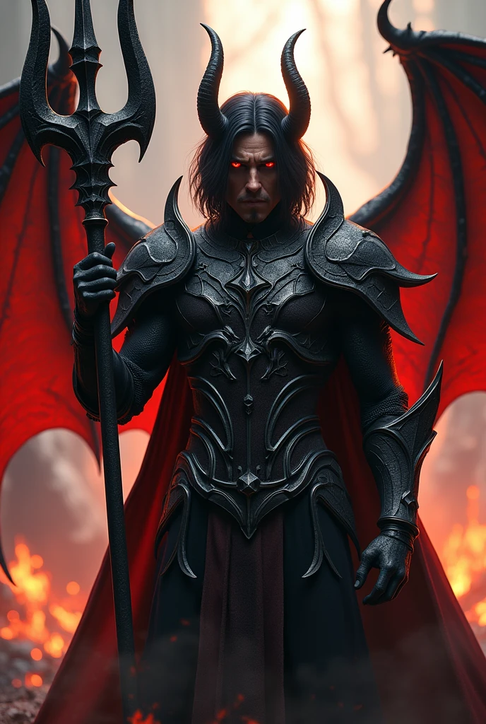 Hellish land scene, hyper realistic, highly detailed, man with red eyes, devil wings, holding a detailed trident, fiery, intricate detailed demonic armor, shoulder length black hair, sinister look, frightening, HD, dynamic pose, dark, dominant pose