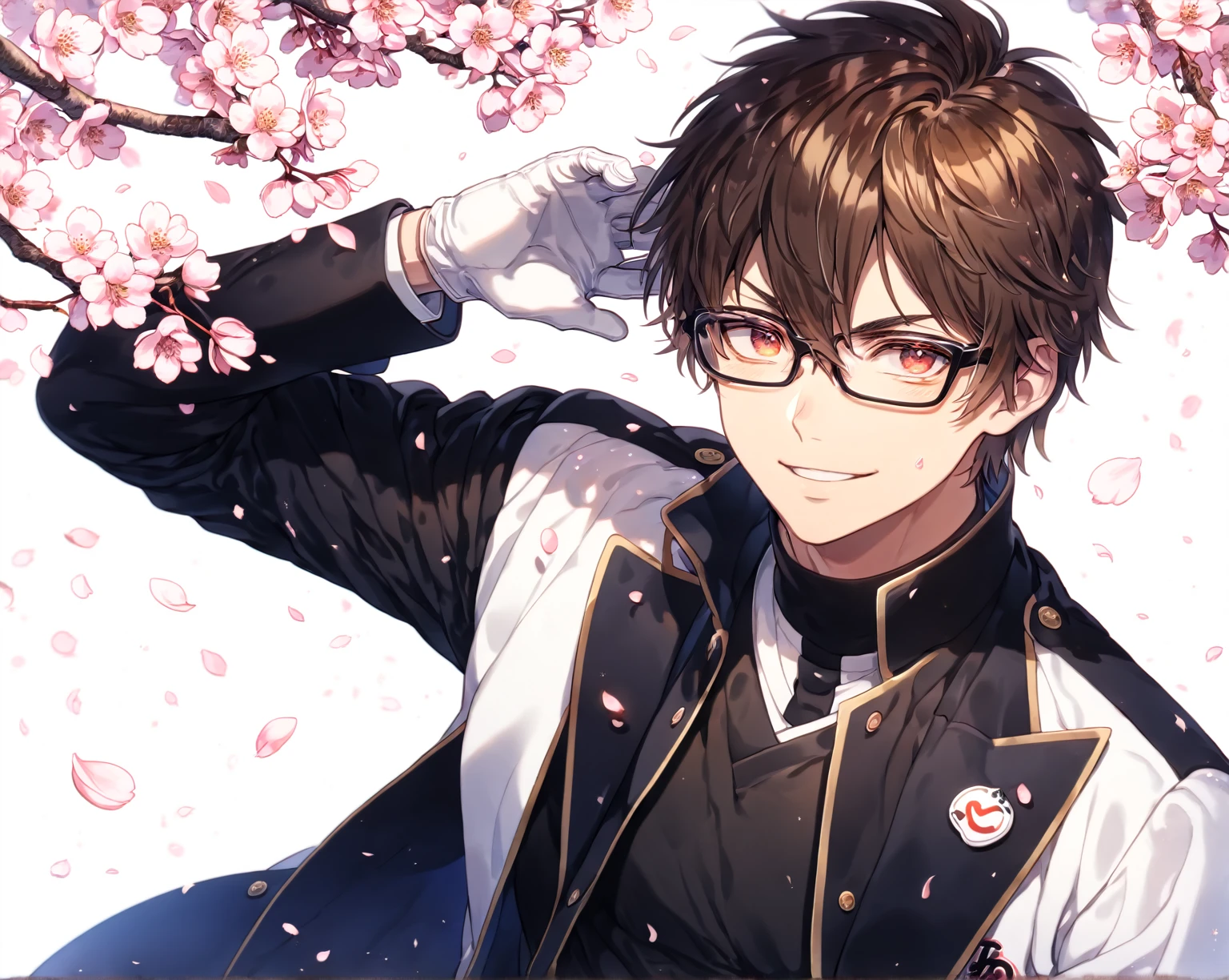 absurdres, highres, ultra detailed, HDR, master piece, Miyuki Kazuya, brown hair, expressive amber eyes, black glasses, white baseball uniform, Diamond No Ace, sexy man, handsome, best quality, fantasy, magical, solo, sensual, stadium, blue sky, handsome smile, manly man, white gloves, cherry blossoms