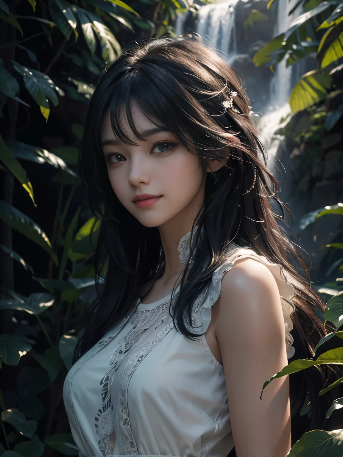 (ultra realistic) , (illustration), (increase resolution), (8K), (extremely detailed), (best illustration), (beautiful detailed eyes), (best quality), (ultra-detailed), (masterpiece), (wallpaper), (detailed face), 1 girl, black straight hair, slender body, delicate details, in the dark, deep shadow, low key, pureerosfaceace_v1, happy smile, summer dress, waterfall, rainforest
