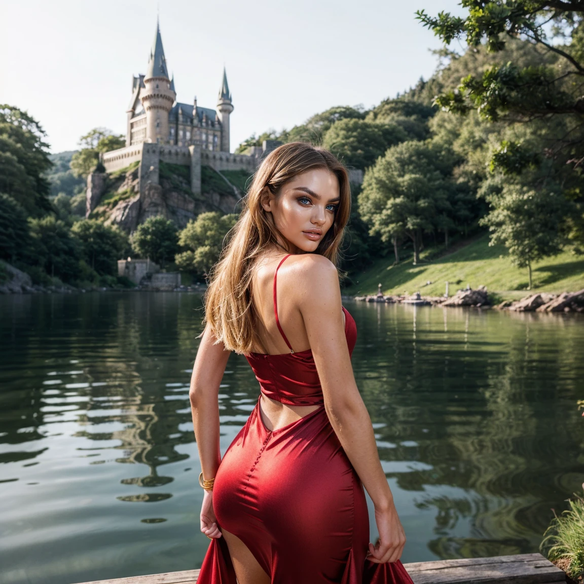 (Best Quality), (ultra-detailliert), (master piece), (hight resolution), 16K resolution, 1 woman, 20 years old, Candice Swanepoel, looking at viewer, close up shot, shot from behind, sassy smile, radiant smile, seductive, lustful facial expression, confident, (Her outfit includes a long and fitted red satin dress, dress has an opening at the back) golden necklace, wears golden bangles, wears golden bracelet, ((blue eyes, detailed eyes)), blond hair, bound back hair, (beautiful and detailed face), slender waist, thin body, narrow shoulders, perfect round buttocks, round butt, clean sunbuthed skin, The scene is set on the wooden dock extending over the calm lake, with Hogwarts castle visible in the distance atop a dominant hill. The surrounding environment features a lush forest bordering the gravel path that leads from the dock to the castle. Hogwarts castle, wooden dock, tranquil lake, steep hill, lush forest, gravel path.