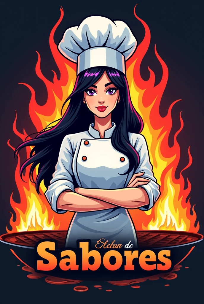 Could you please create a logo for a fast food restaurant like homemade hamburgers with a white female chef with black hair and purple locks with a grill, a volcano and with the name El Volcán de Sabores written on it?