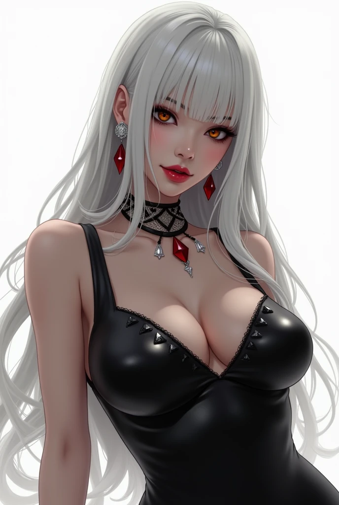 1girl, sunglasses, solo, hat, lipstick, red lips, long white hair, dress, plunging neckline, makeup, monochrome, white background, earrings, , jewelry, upper body, spot color, hair over shoulder,dark theme,shiny,shiny skin,milf,(ma japanmale:1.2),