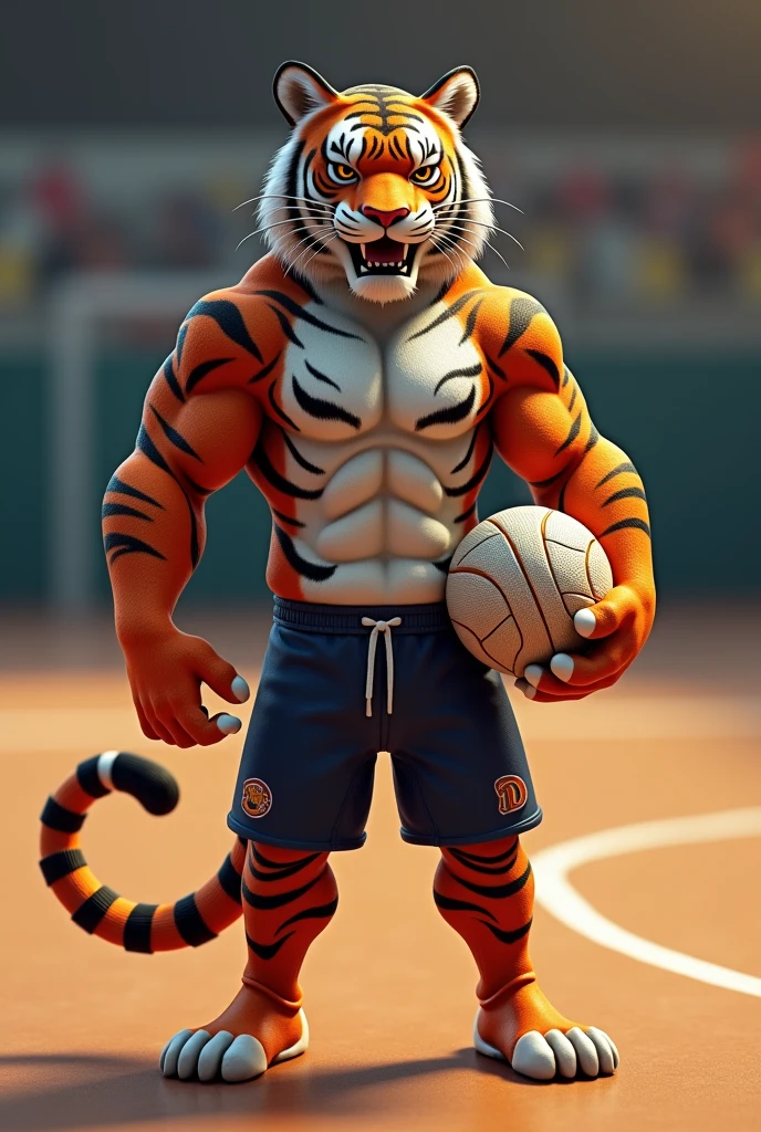Based on the tiger. Create a handball team photo, with the name "little tigers", where the tiger will represent the little tiger. The animal must have a handball in its hand, no people in the photo just the animal on a handball court 

