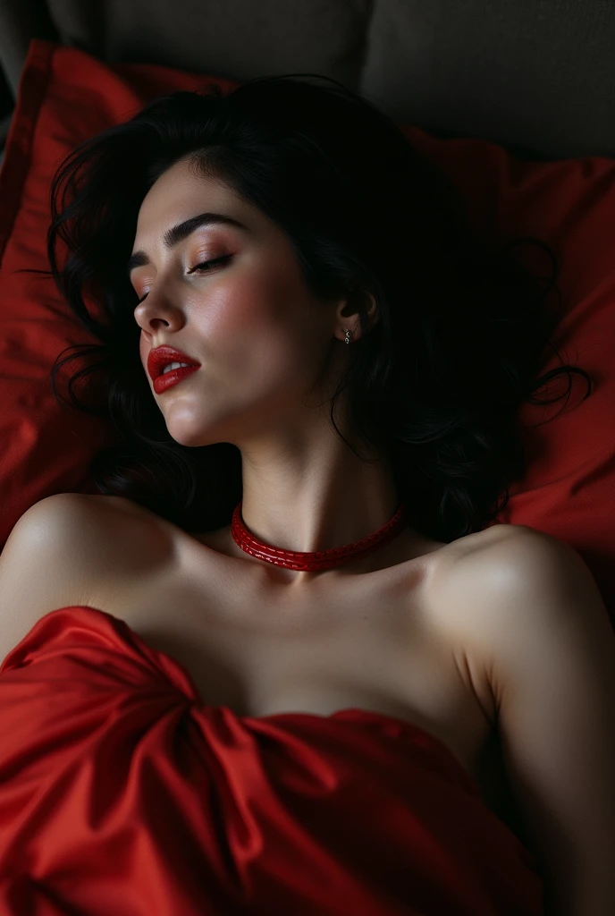 (seductive:1.1) (18. (women:1.1) (lying:1.1) under the (It covers:1.1), Lying on her side in bed, (Dark:1.2) Wavy hair is totally (naked:1.1) in a completely (Dark:1.1) open room with the (Alone:1.1) (soft lighting from one large softbox directland above and in front of her:1.1). she is wearing a BDSM (red choker:1.1) she is (sensual:1.4) and (bright:1.2). The scene is shot with (Kodakportra1600:1.1) (film grain:1.1) (Camara analogica:1.1) (sharp details:1.1) (50mm:1.1)