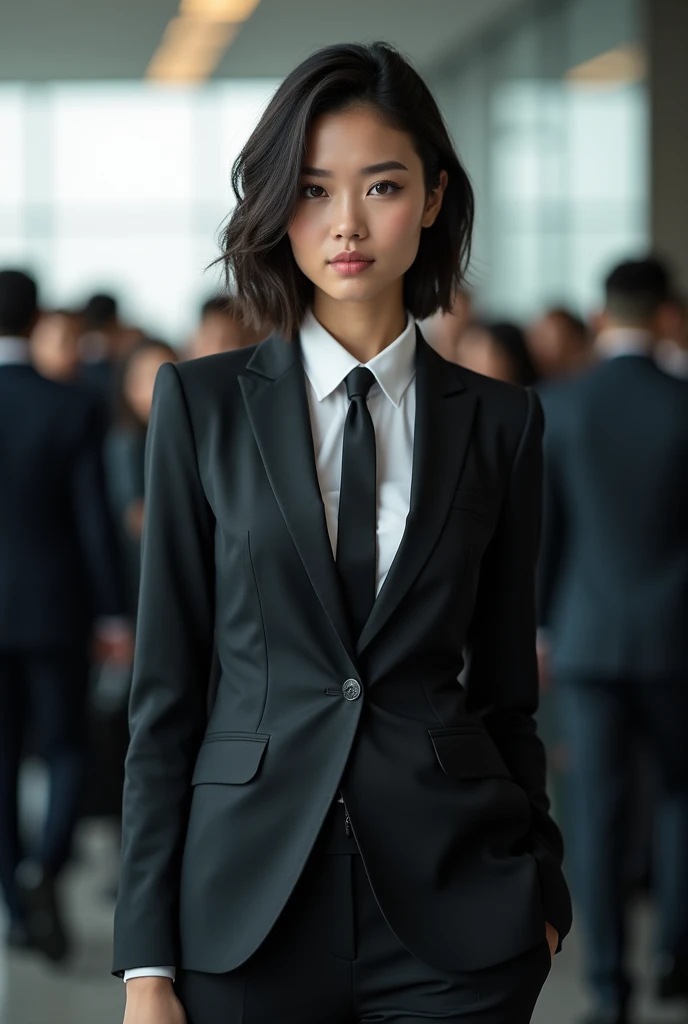 ultra-realistic photo, a portrait of a 5 businesswoman, in a suit and tie, Female empowerment, a woman dressed in a business suit standing in front of people, sexy young business woman in business suit, in the style of emotionally complex, A beautiful businesswoman is standing in her suit, short black hair.