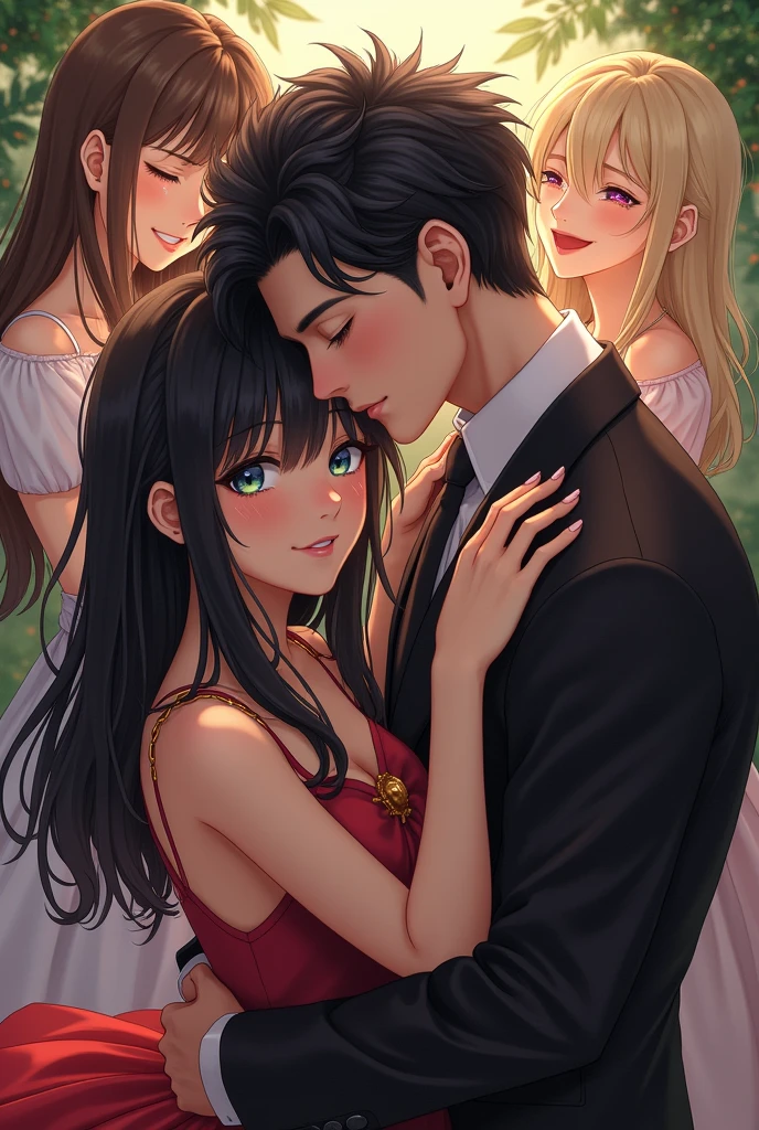 very pretty dark haired girl kissing a boy, in the background two girls, a very beautiful and rich blonde very happy and a sad brunette crying a lot