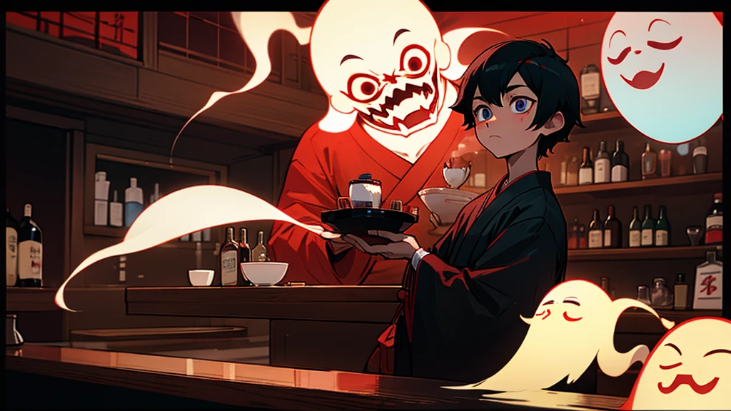 lotus、Black Hair、Red Mesh、Japanese clothing、ghost、Odd Eye、cool、male、bartender、coffee maker