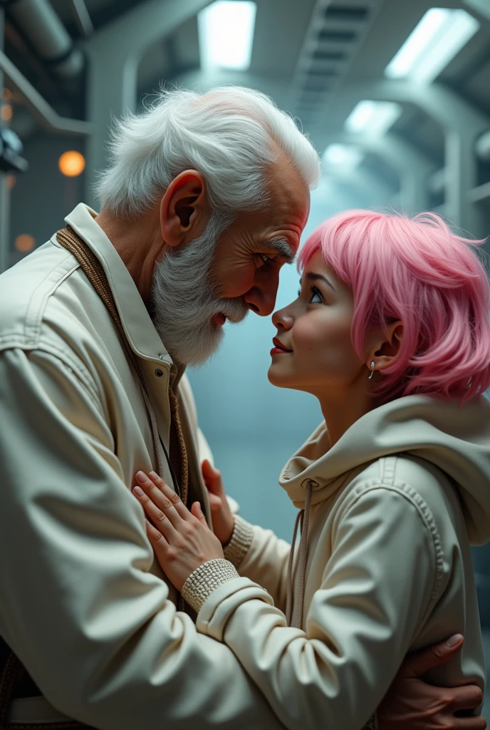 girl with pink hair and brown skin with her dad who has white hair and is an old futuristic man