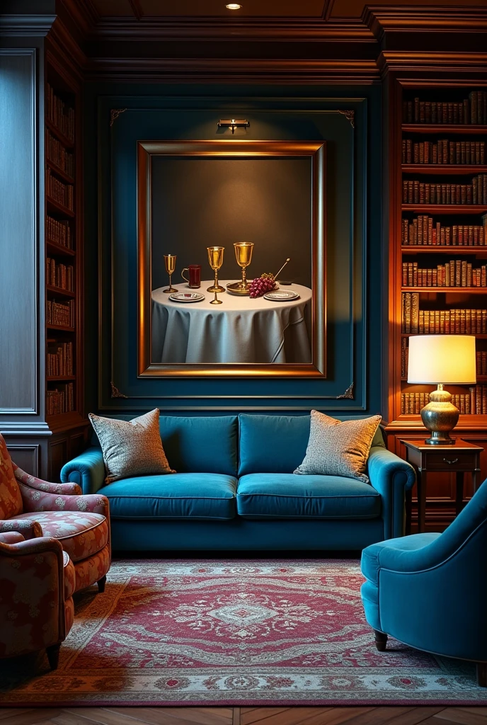 The room was an architectural
contradiction. The blue velvet couch
and the assortment of armchairs
looked like splashes of dark, deep
sea water, the floor lamps like big
yellow halos of light. The lines of
dark wooden bookshelves leaning
against the wall hinted more at a
literature professor's workplace.
As if all this was set for some sort
of high-brow movie that might have
been a blend of futuristic art and a
flashback to the 1900s.
The three still life pictures on the
wall opposite the couch depicted
parts of a well-laid table whose
details I was pretty familiar with by
this point in time. Together with
the golden goblet of wine, the ripe
bunch of grapes gave it an air of
decadence.