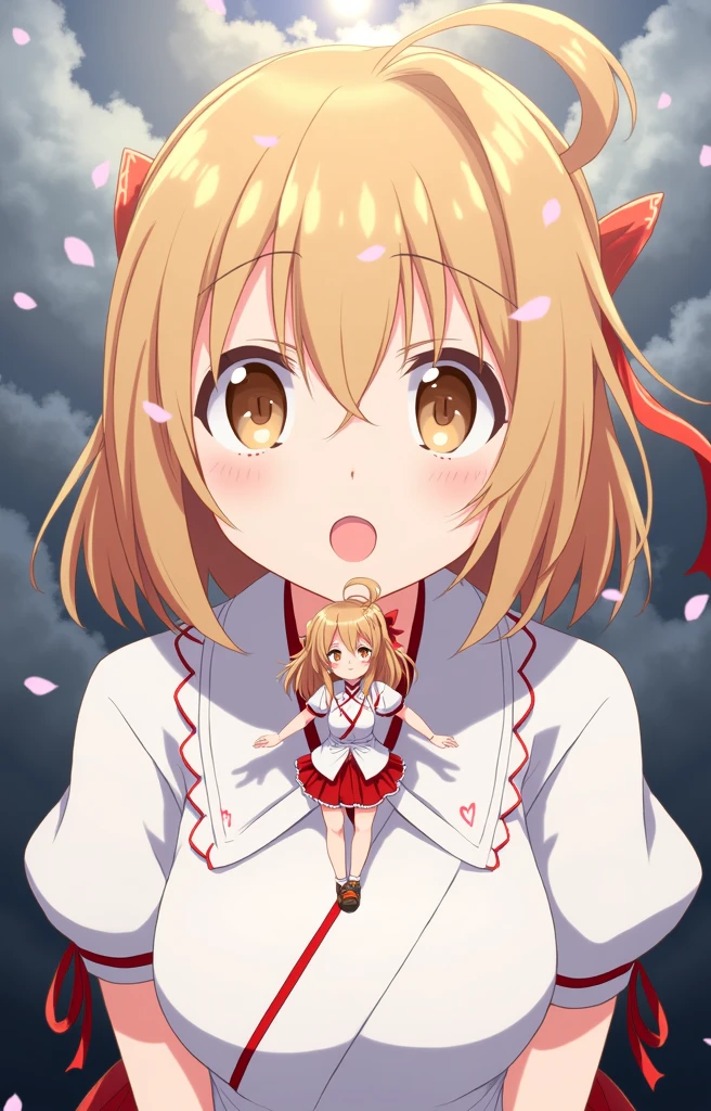 A beautiful young anime girl flying high in the sky, 1 girl, long hair, alone, hakurei reimu, bow, hair bow, gohei, brown hair, red bow, detachable sleeves, skirt, arm ribbon, clouds, red skirt, ribbon, petals, backlit, sun, ribbon trim