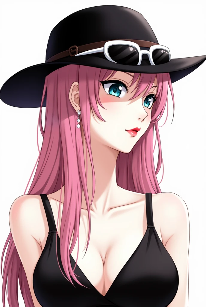 1girl, sunglasses, solo, hat, lipstick, red lips, long pink hair, aqua eyes, dress, plunging neckline, makeup, monochrome, white background, earrings, cleavage, jewelry, upper body, spot color, hair over shoulder,dark theme,shiny,shiny skin,milf,(mature japanese female:1.2),