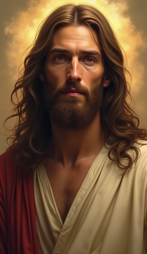 Arafed's image of a man with long hair and beard., portrait of Jesus Christ, Jesus Christ, Greg Olsen, Jesus of Nazareth, painted in high resolution, the lord and savior, Jon McNaughton, 8k resolution. oil on canvas, face of jesus, religious masterpiece portrait, ultra detail. Digital paint, dressed as Jesus Christ, very beautiful portrait, heavenly background