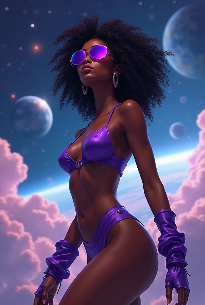 Black girl with black hair in the universe above the earth wearing a purple bikini and purple boots pointing up with purple glasses