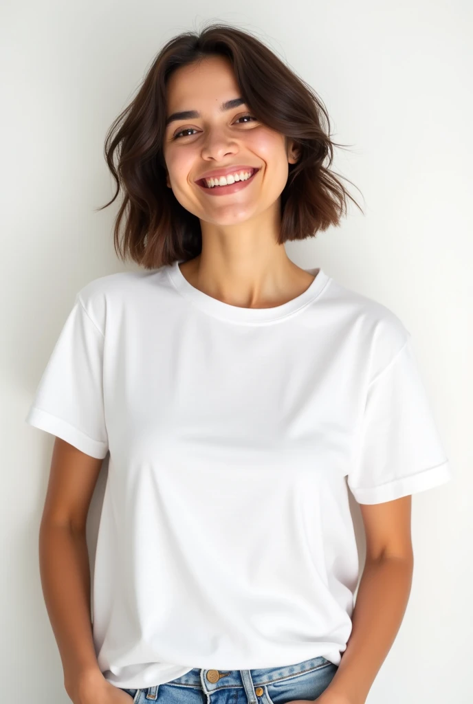 latin woman fair skin short brown hair wearing a stylish white cotton crew neck t-shirt with hands in pockets smiling happily white background good quality