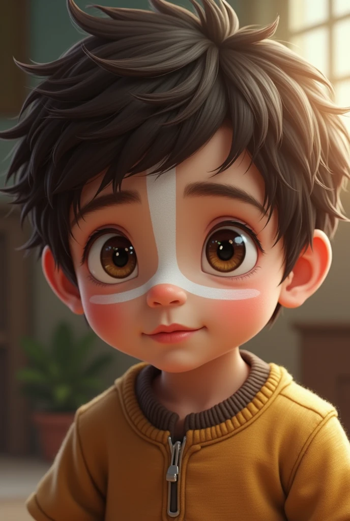 Boy about 2 with brown hair and a white stripe on his nose