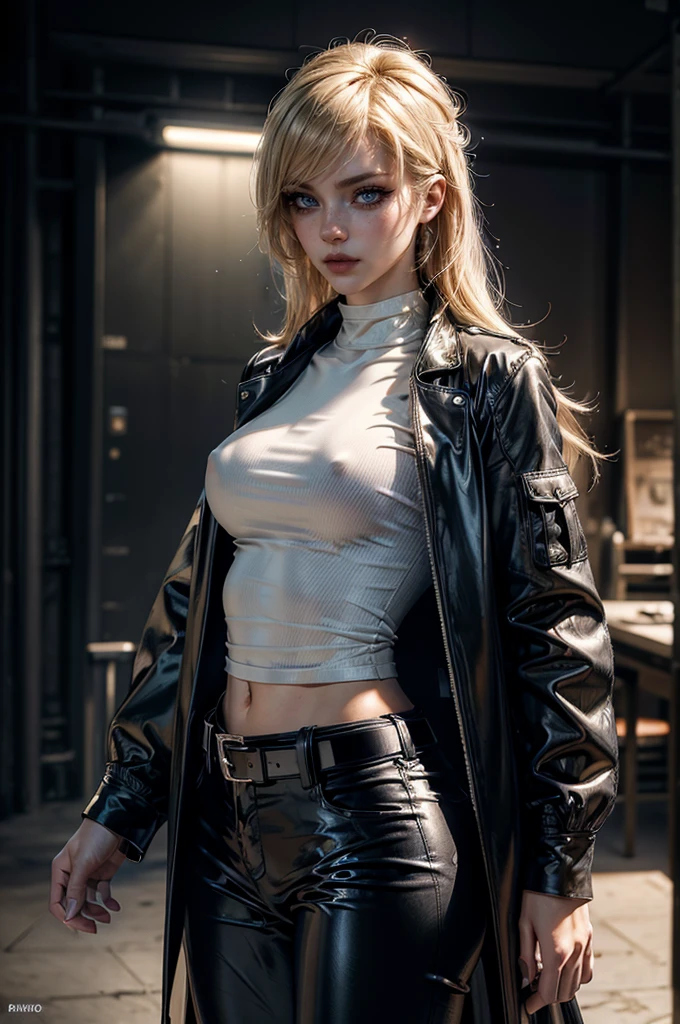 cowboy shot,a pretty 2 girl,blond hair,blue eyes,lora_Emma,slim athletic body,tight and stretched white blouse with buttons,button gap,short sleeves,ultra low rise black shiny latex pants,(double metal belt),empty studiobackground,((black coat on shoulders)),(tight sleeves),(best quality,4k,8k,highres,masterpiece:1.2),ultra-detailed,(realistic,photorealistic,photo-realistic:1.37),dramatic lighting,cinematic,fashion photography,studio lighting,high contrast,vivid colors,beautiful detailed eyes,beautiful detailed lips,extremely detailed eyes and face,long eyelashes, touching hair